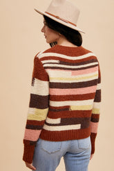Annie Wear Chic Color Block Round Neck Long Sleeve Sweater